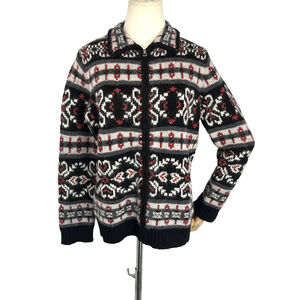 Vintage Nordic Fair Isle Sweater Womens Small Black Gray Zip Cardigan Angora